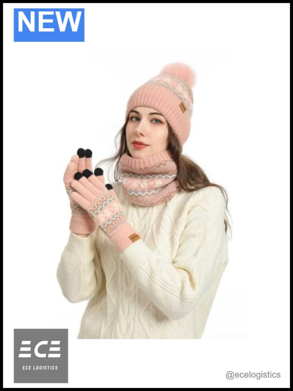 Womens 3 in 1 Winter Beanie Scarf Touchscreen Gloves Set Knit Cold Weather